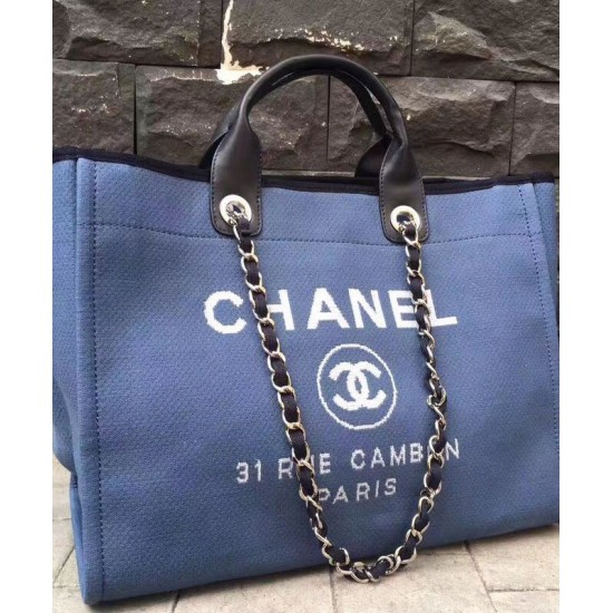 Low Price White Brand Logo Printing Navy Leather Top Handle Silver Chain Shopping Bag - Imitation Chanel Large Deauville Blue Canvas Tote Bag