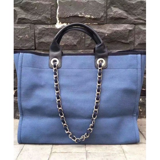 Low Price White Brand Logo Printing Navy Leather Top Handle Silver Chain Shopping Bag - Imitation Chanel Large Deauville Blue Canvas Tote Bag