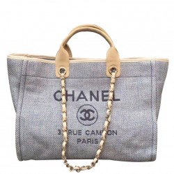 Best Quality Large Deauville Light Blue Canvas Chain Shoulder Strap Shopping Bag - Faux Chanel Coffee Leather Handles Shoulder Bag