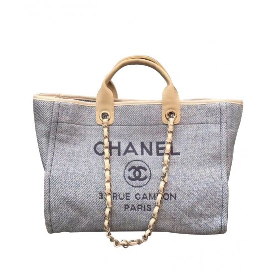 Best Quality Large Deauville Light Blue Canvas Chain Shoulder Strap Shopping Bag - Faux Chanel Coffee Leather Handles Shoulder Bag