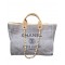 Best Quality Large Deauville Light Blue Canvas Chain Shoulder Strap Shopping Bag - Faux Chanel Coffee Leather Handles Shoulder Bag