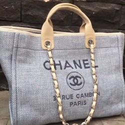 Best Quality Large Deauville Light Blue Canvas Chain Shoulder Strap Shopping Bag - Faux Chanel Coffee Leather Handles Shoulder Bag