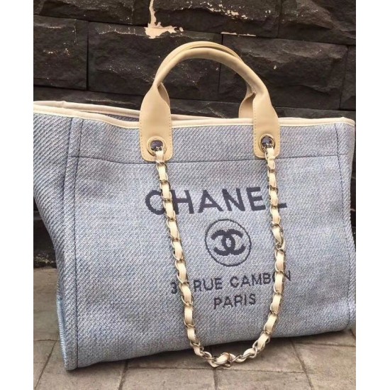 Best Quality Large Deauville Light Blue Canvas Chain Shoulder Strap Shopping Bag - Faux Chanel Coffee Leather Handles Shoulder Bag