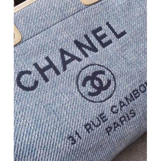 Best Quality Large Deauville Light Blue Canvas Chain Shoulder Strap Shopping Bag - Faux Chanel Coffee Leather Handles Shoulder Bag