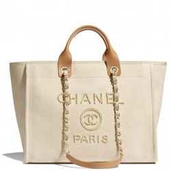 High End White Pearls Logo Decoration Beige Leather Handles Golden Chain Shoulder Bag - Fake Chanel Women's Cream Canvas Shopping Bag