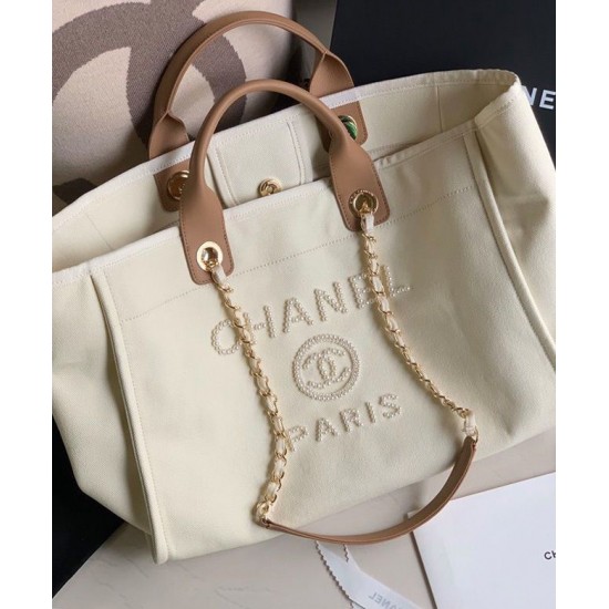 High End White Pearls Logo Decoration Beige Leather Handles Golden Chain Shoulder Bag - Fake Chanel Women's Cream Canvas Shopping Bag