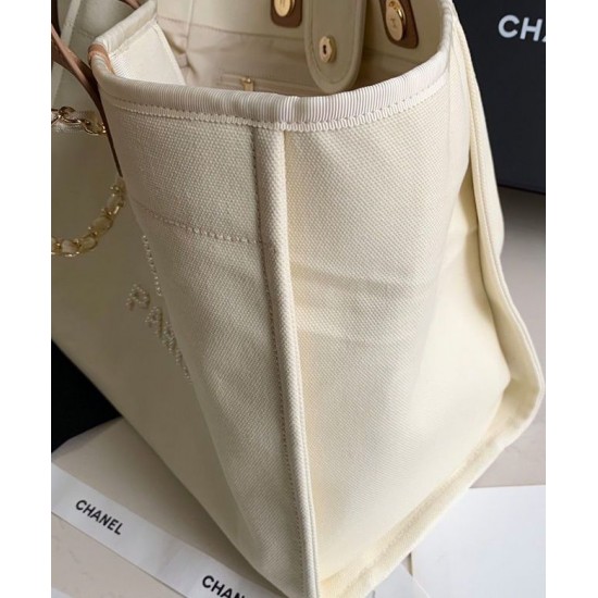 High End White Pearls Logo Decoration Beige Leather Handles Golden Chain Shoulder Bag - Fake Chanel Women's Cream Canvas Shopping Bag