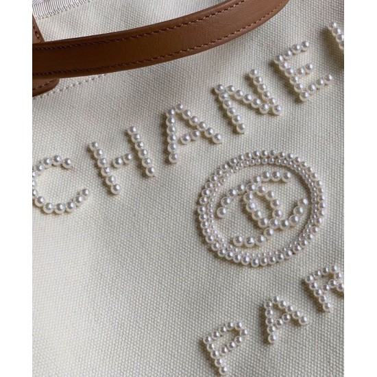 High End White Pearls Logo Decoration Beige Leather Handles Golden Chain Shoulder Bag - Fake Chanel Women's Cream Canvas Shopping Bag