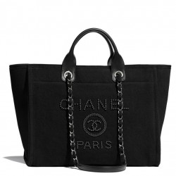 Hot Selling Beaded Logo Pattern Leather Top Handles Women's Black Canvas Shopping Bag - Replica Chanel Silver Chain Tote Bag