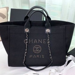 Hot Selling Beaded Logo Pattern Leather Top Handles Women's Black Canvas Shopping Bag - Replica Chanel Silver Chain Tote Bag