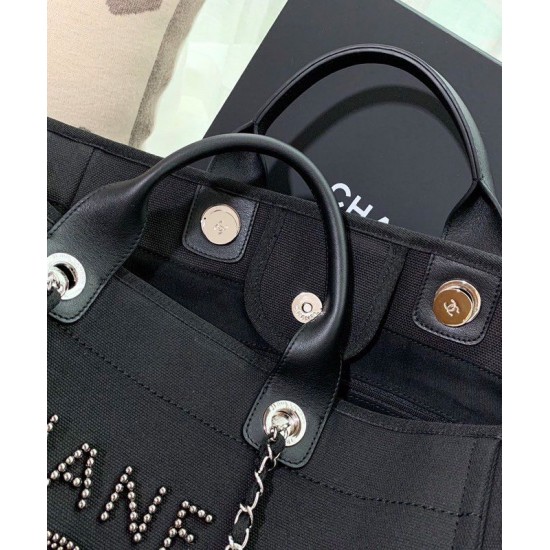 Hot Selling Beaded Logo Pattern Leather Top Handles Women's Black Canvas Shopping Bag - Replica Chanel Silver Chain Tote Bag