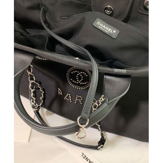 Hot Selling Beaded Logo Pattern Leather Top Handles Women's Black Canvas Shopping Bag - Replica Chanel Silver Chain Tote Bag