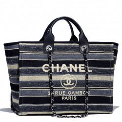 High End Chanel Cream Logo Pattern Silver Chain Shoulder Strap Leather Top Handle Blue & Black Stripe Canvas Tote Bag Online