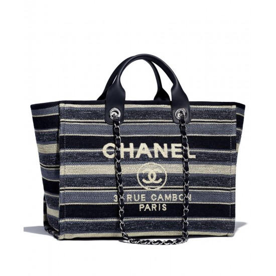 High End Chanel Cream Logo Pattern Silver Chain Shoulder Strap Leather Top Handle Blue & Black Stripe Canvas Tote Bag Online