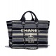 High End Chanel Cream Logo Pattern Silver Chain Shoulder Strap Leather Top Handle Blue & Black Stripe Canvas Tote Bag Online