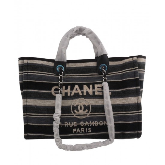 High End Chanel Cream Logo Pattern Silver Chain Shoulder Strap Leather Top Handle Blue & Black Stripe Canvas Tote Bag Online