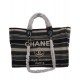 High End Chanel Cream Logo Pattern Silver Chain Shoulder Strap Leather Top Handle Blue & Black Stripe Canvas Tote Bag Online