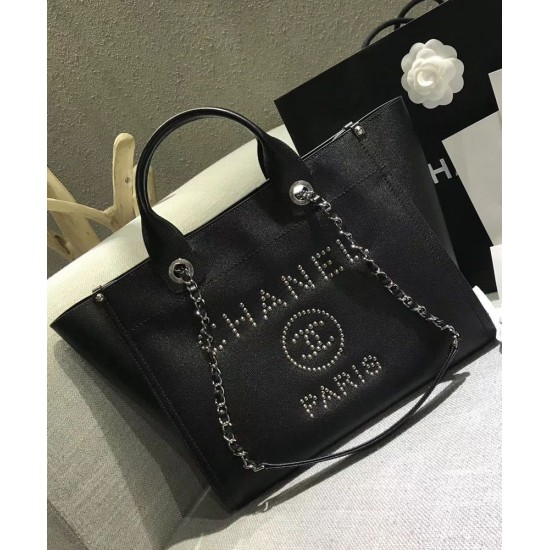 Imitation Chanel Silver Studs Logo Pattern Chain Shoulder Strap Black Caviar Leather Tote Bag 33CM Shopping Bag For Ladies