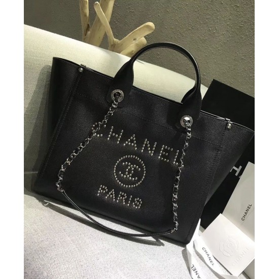 Imitation Chanel Silver Studs Logo Pattern Chain Shoulder Strap Black Caviar Leather Tote Bag 33CM Shopping Bag For Ladies