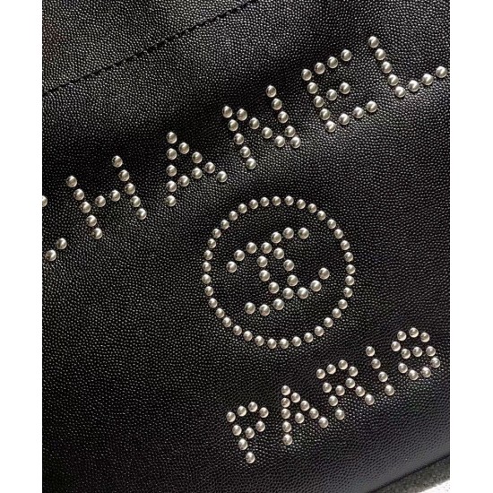 Imitation Chanel Silver Studs Logo Pattern Chain Shoulder Strap Black Caviar Leather Tote Bag 33CM Shopping Bag For Ladies