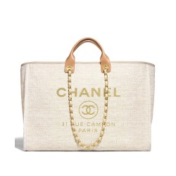 Faux Chanel Coffee Leather Top Handles Brand Logo Printing Yellow Gold Chain Shoulder Strap Cream Canvas Large Deauville Shopping Bag