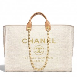 Faux Chanel Coffee Leather Top Handles Brand Logo Printing Yellow Gold Chain Shoulder Strap Cream Canvas Large Deauville Shopping Bag