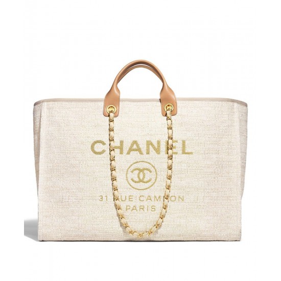 Faux Chanel Coffee Leather Top Handles Brand Logo Printing Yellow Gold Chain Shoulder Strap Cream Canvas Large Deauville Shopping Bag