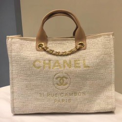 Faux Chanel Coffee Leather Top Handles Brand Logo Printing Yellow Gold Chain Shoulder Strap Cream Canvas Large Deauville Shopping Bag