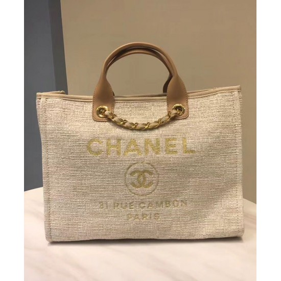 Faux Chanel Coffee Leather Top Handles Brand Logo Printing Yellow Gold Chain Shoulder Strap Cream Canvas Large Deauville Shopping Bag