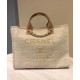 Faux Chanel Coffee Leather Top Handles Brand Logo Printing Yellow Gold Chain Shoulder Strap Cream Canvas Large Deauville Shopping Bag