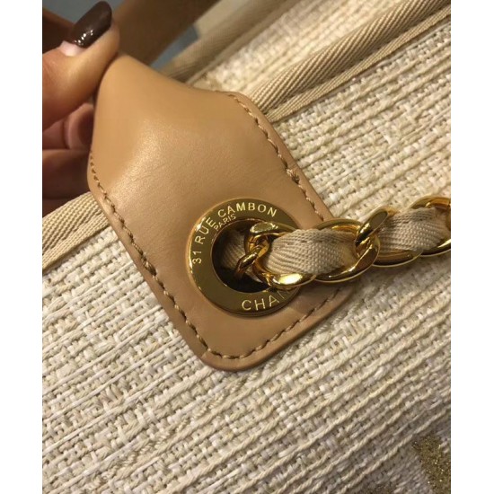 Faux Chanel Coffee Leather Top Handles Brand Logo Printing Yellow Gold Chain Shoulder Strap Cream Canvas Large Deauville Shopping Bag