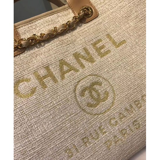 Faux Chanel Coffee Leather Top Handles Brand Logo Printing Yellow Gold Chain Shoulder Strap Cream Canvas Large Deauville Shopping Bag