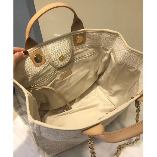 Faux Chanel Coffee Leather Top Handles Brand Logo Printing Yellow Gold Chain Shoulder Strap Cream Canvas Large Deauville Shopping Bag