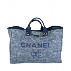 Fake Chanel Silver Chain Shoulder Strap Advertisement Logo Pattern Blue Canvas Shopping Bag High End Large Deauville Tote Bag