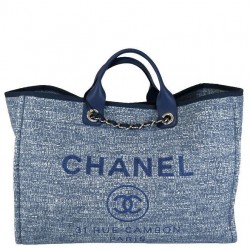 Fake Chanel Silver Chain Shoulder Strap Advertisement Logo Pattern Blue Canvas Shopping Bag High End Large Deauville Tote Bag