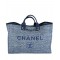 Fake Chanel Silver Chain Shoulder Strap Advertisement Logo Pattern Blue Canvas Shopping Bag High End Large Deauville Tote Bag