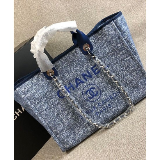 Fake Chanel Silver Chain Shoulder Strap Advertisement Logo Pattern Blue Canvas Shopping Bag High End Large Deauville Tote Bag