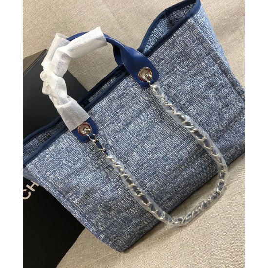 Fake Chanel Silver Chain Shoulder Strap Advertisement Logo Pattern Blue Canvas Shopping Bag High End Large Deauville Tote Bag