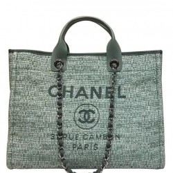 Replica Chanel Light Green Canvas & Raffia Woven Large Deauville Brand Logo Printing Chain Shoulder Strap Female Shopping Bag