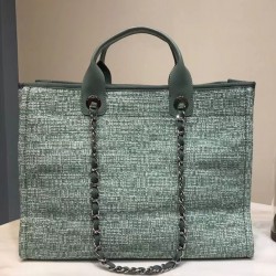 Replica Chanel Light Green Canvas & Raffia Woven Large Deauville Brand Logo Printing Chain Shoulder Strap Female Shopping Bag