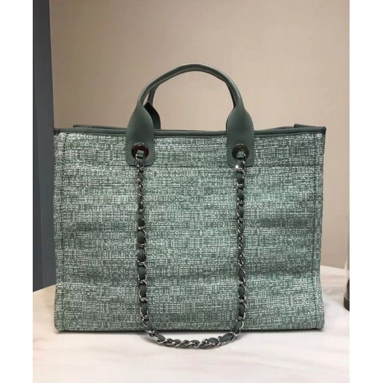 Replica Chanel Light Green Canvas & Raffia Woven Large Deauville Brand Logo Printing Chain Shoulder Strap Female Shopping Bag