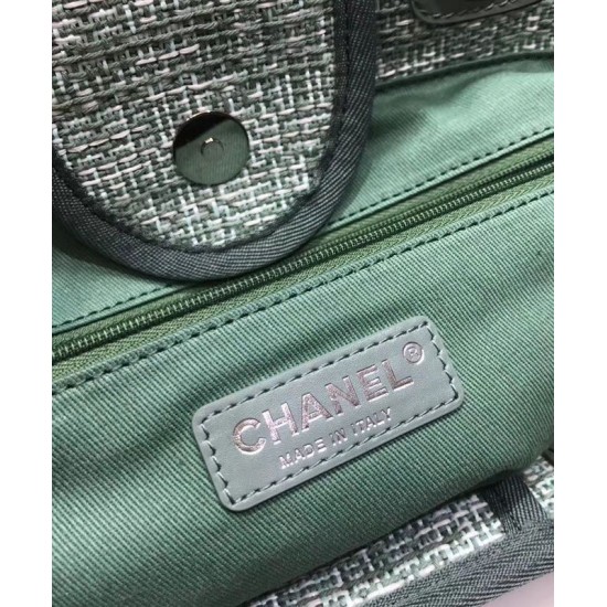 Replica Chanel Light Green Canvas & Raffia Woven Large Deauville Brand Logo Printing Chain Shoulder Strap Female Shopping Bag