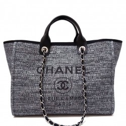 Fashion Grey Canvas Leather Top Handle Silver Chain Large Deauville Tote Bag - Copy Chanel Advertisement Logo Pattern Shopping Bag