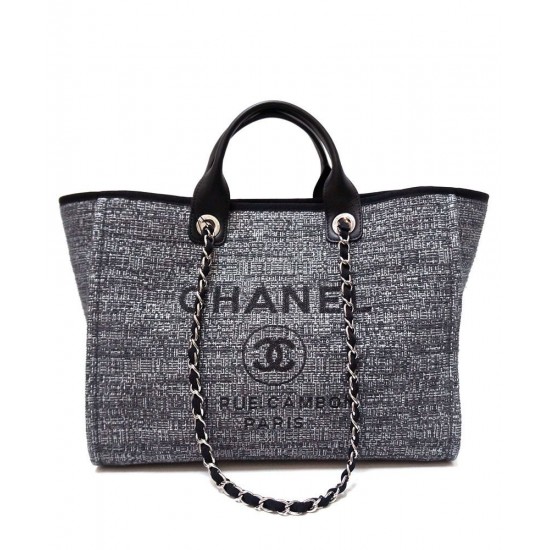 Fashion Grey Canvas Leather Top Handle Silver Chain Large Deauville Tote Bag - Copy Chanel Advertisement Logo Pattern Shopping Bag