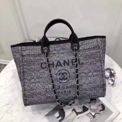 Fashion Grey Canvas Leather Top Handle Silver Chain Large Deauville Tote Bag - Copy Chanel Advertisement Logo Pattern Shopping Bag