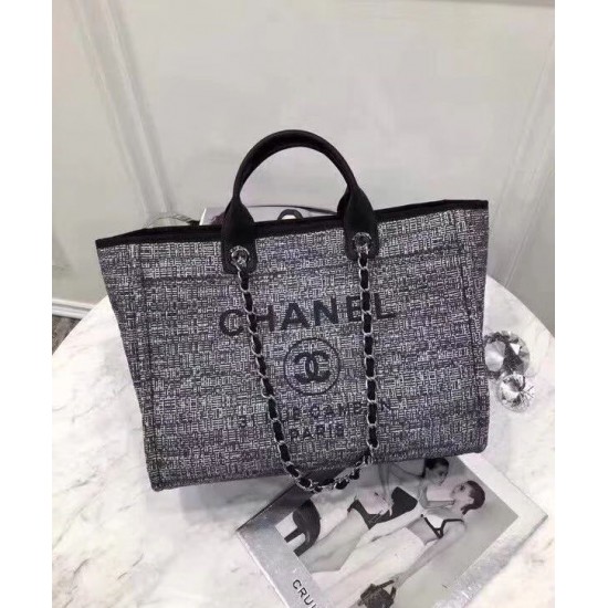 Fashion Grey Canvas Leather Top Handle Silver Chain Large Deauville Tote Bag - Copy Chanel Advertisement Logo Pattern Shopping Bag