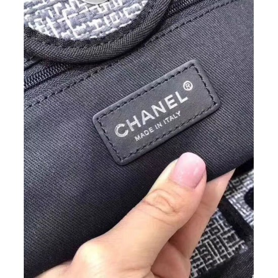 Fashion Grey Canvas Leather Top Handle Silver Chain Large Deauville Tote Bag - Copy Chanel Advertisement Logo Pattern Shopping Bag