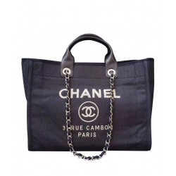 Spring Fashion Large Deauville Canvas Leather Top Handle Blue Shopping Bag - Imitation Female Chanel Silver Chain Shoulder Bag