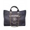 Hot Selling Deauville Dark Blue Canvas Large Goden Chain Shopping Bag - Faux Chanel Logo Printing Female Tote Bag