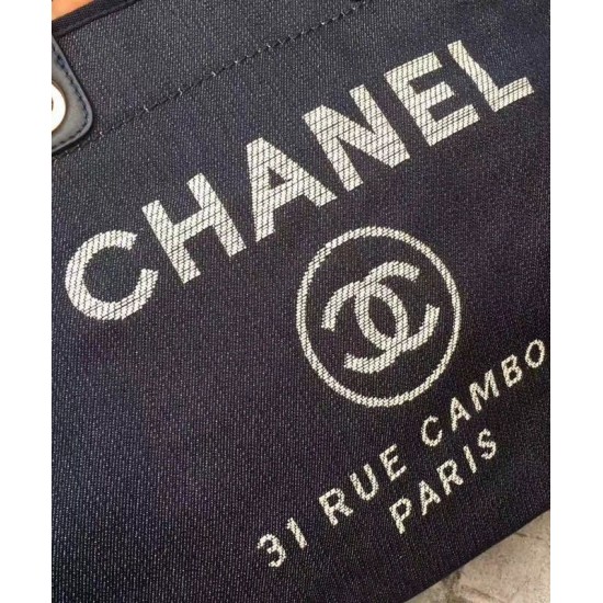 Hot Selling Deauville Dark Blue Canvas Large Goden Chain Shopping Bag - Faux Chanel Logo Printing Female Tote Bag